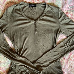 Liz & Sara Y2K Ribbed Henley Long Sleeve Top Size L Downtown Girl